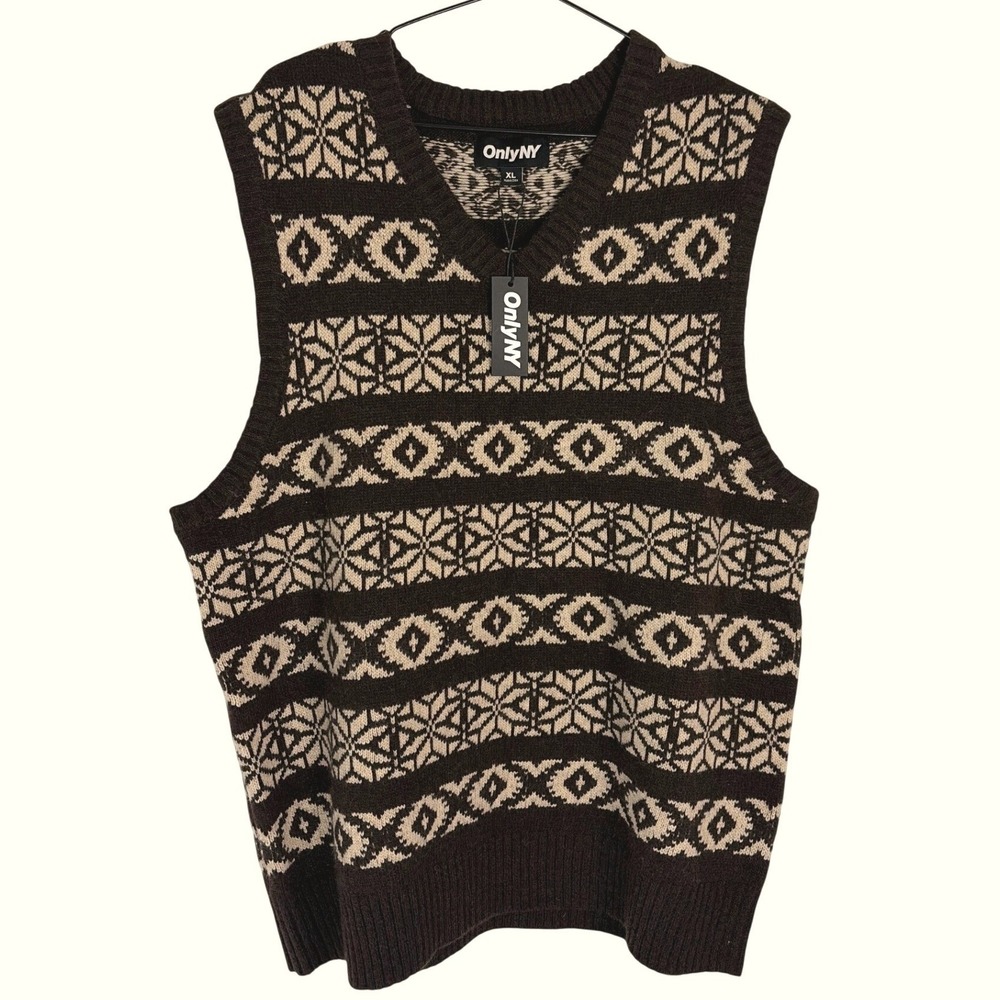 Only NY Mens Academia Gorpcore Fair Isle Knit Sweater Vest Brown Lamb Wool XL